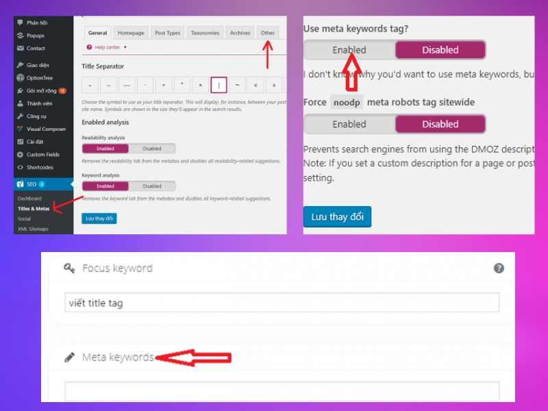 Các bước mở Meta Keyword trong WordPress.