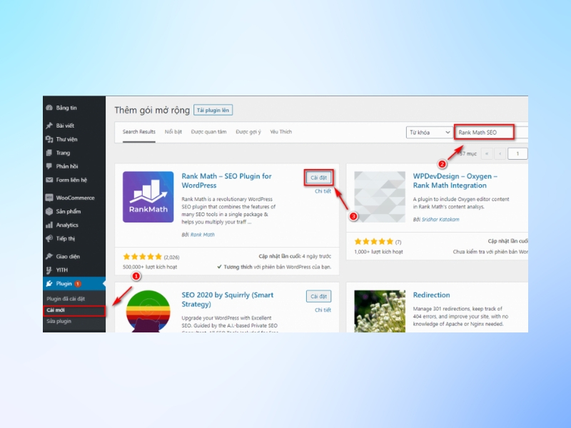 Tiến hành cài đặt plugin Rank Math SEO vào WordPress