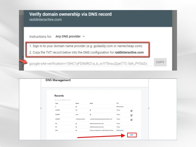 Vào phần quản lý DNS record rồi nhấn vào nút Add và thực hiện thao tác để xác thực.