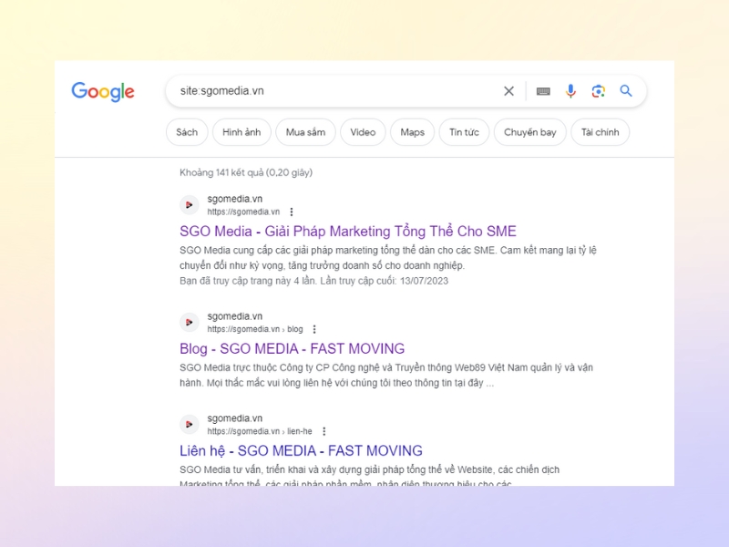 Nếu kết quả hiển thị đầu tiên, có nghĩa là website đã được index bởi Google
