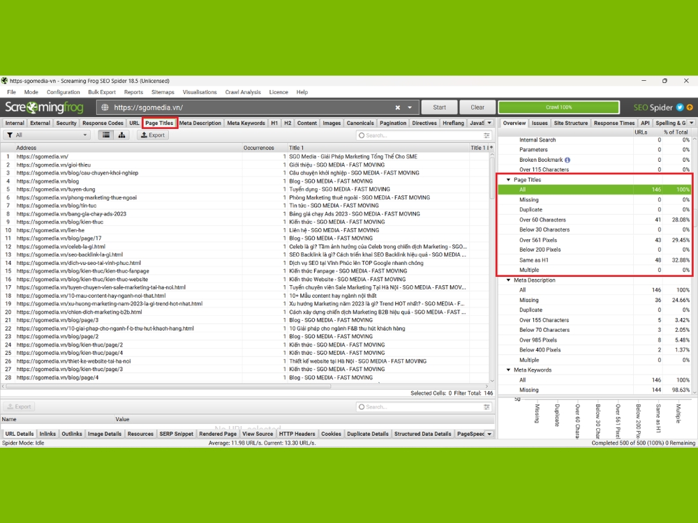 Các tính năng cơ bản trong Screaming Frog là gì? Kiểm tra tiêu đề trang